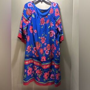 Vibrant Floral Midi Dress in Blue and Pink